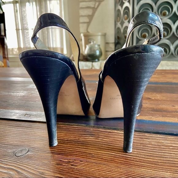 Nine West Peep Toe Sling Back Black Patent Leather Heels - Picture 6 of 8